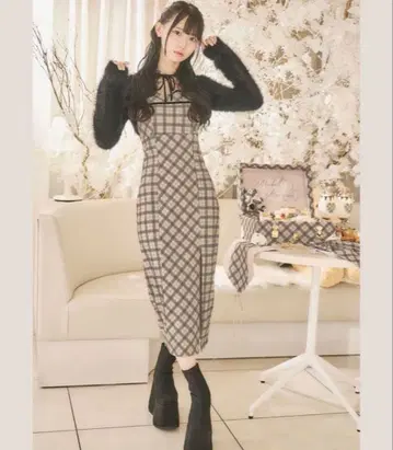 미셸 마카롱 오리지널 체크 무늬 앙상블 롱 원피스