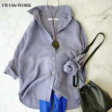 프레임워크 퍼플 블루 린넨 긴팔 오버 셔츠 린넨 100% 겉옷