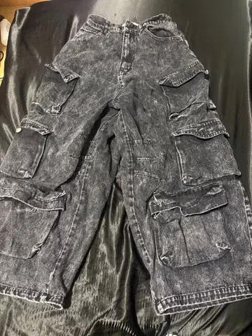 me+em select 빈티지 케미컬 블리치 헤비 와이드 카고 데님