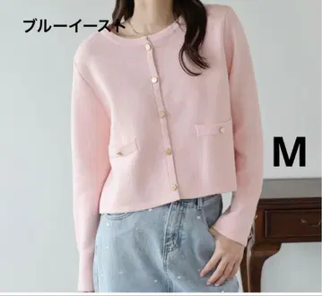 블루이스트 골드 버튼 노카라 니트 자켓 핑크