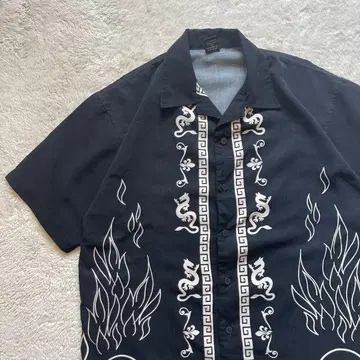 레어 90s vintage 러시아제 음양 드래곤 오픈 카라 셔츠 반팔