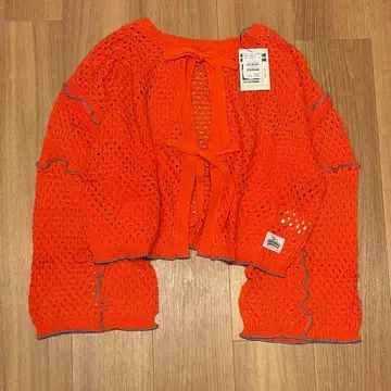 새상품 헬로 샌프란시스코 메쉬 리본 가디건 니트 오렌지