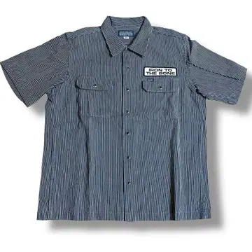 새상품급 IRON HEART 히코리 스트라이프 워크 셔츠 네이비 L