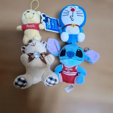 푸우 도라에몽 스티치 봉제 인형 키링 4개 세트
