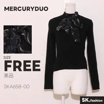 새상품급 MERCURYDUO 상의 니트 올 패턴 쉬폰 리본 부착 하이넥