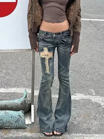 Y2K 데님 플레어 팬츠 데미지 가공 롱 레그