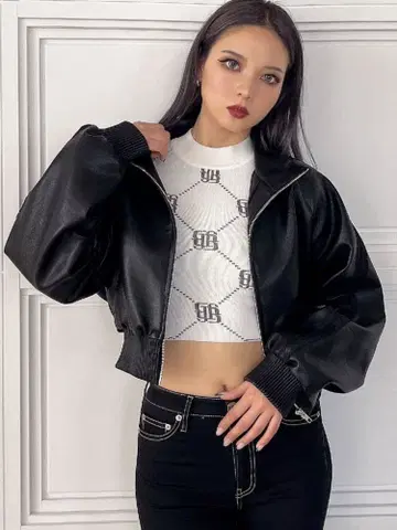 GYDA 레이스 라인 볼륨 슬리브 페이크 레더 자켓