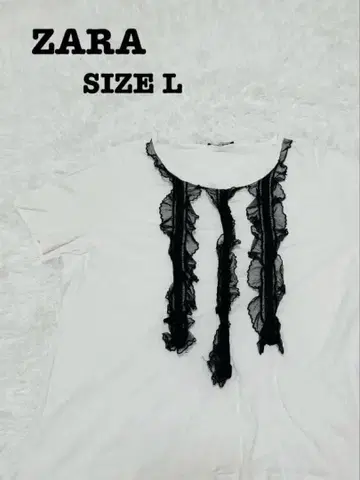[ 모드 ] ZARA 자라 튤 프릴 티셔츠 L 화이트[487]