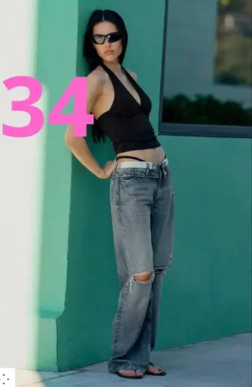 레어 34사이즈 접이식 TRF 미드 라이즈 데미지 데님 팬츠