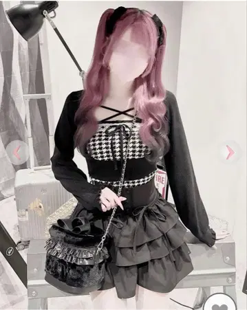 HONEYMEW 하운드투스 체크 크로스 앙상블 상의 블랙 XS 허니뮤우