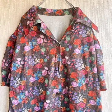 빈티지 꽃무늬 롱 원피스 올 패턴 레트로 쇼와 반팔 포켓 포함