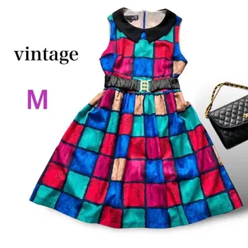 빈티지 모자이크 패턴 슬리브리스 원피스 카라 부착 플레어 M 사이즈