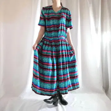 USA제 80s 90s 빈티지 원피스 기하학 패턴 쇼와 레트로 XL