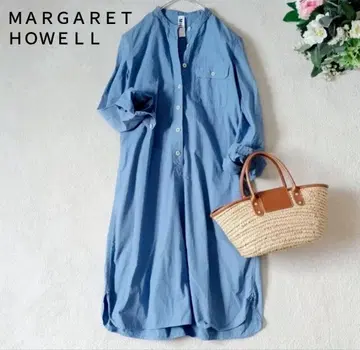 마가렛호웰 셔츠 원피스 밴드 카라 린넨 혼방 블루 S