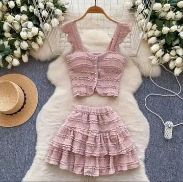 프릴 셋업 핑크 한국 스타일 걸리시 귀여운 여름 코디