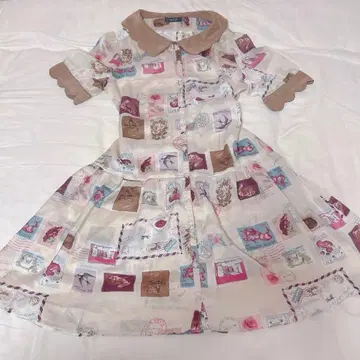 밀크 우표 패턴 원피스 스캘럽 올 패턴 레트로 여름