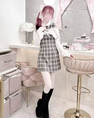 HONEY MEW 오프숄더 볼레로 체크 앙상블 원피스