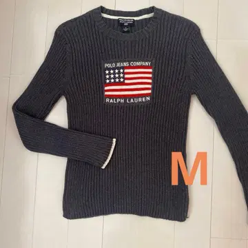 랄프 로렌 Ralph 미국 국기 코튼 그레이 리브 스웨터 M