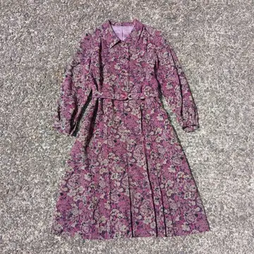 쇼와 레트로 구제 의류 꽃무늬 롱 원피스 보라색 벨트 포함