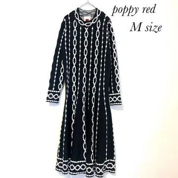 포피 레드 니트 롱 원피스 스트라이프 패턴 블랙 M a0486