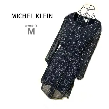 새상품급 미쉘클랑 무릎 기장 원피스 시어 도트 네이비 리본 벨트 M 38