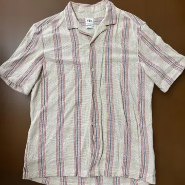 ZARA 반팔 셔츠 린넨 베이지 스트라이프 Lsize