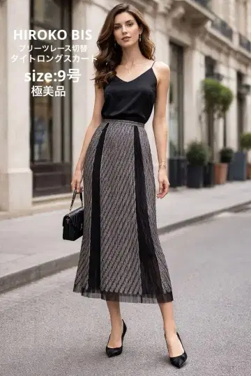 HIROKO BIS / 엘레강트 / 플리츠 / 레이스 절개 / 롱 스커트