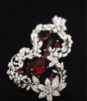 이탈리아 구매 새상품 더블 하트 루비 크리스탈 브로치