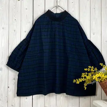 새상품 코튼 레이스 블라우스 하이넥 면 블랙워치 M~L