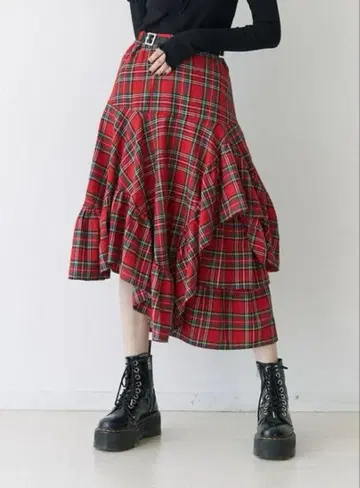 jouetie 불규칙 프릴 플레어 체크 스커트 레드 M 사이즈