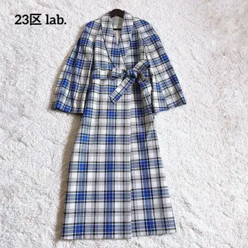23구 lab. 타탄 체크 롱 가운 코트 슬릿 파랑 벨트