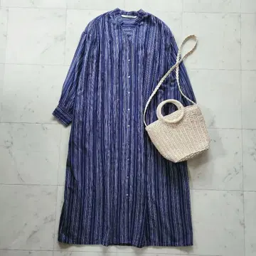 새상품급 헤븐리 면린넨 셔츠 원피스 겉옷 스트라이프 네이비 넉넉한 사이즈