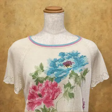 [시순환] LEONARD 꽃무늬 반팔 니트 큐빅 썸머 니트 M