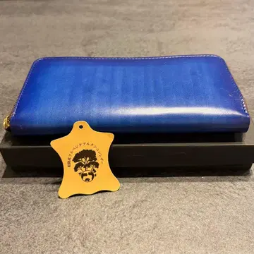 히메지산 천연 가죽 장지갑 라운드 지퍼 블루 그라데이션 수제 염색