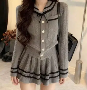 SHEIN 미니 스커트 리본 니트 셋업 그레이 K-스타일 왕홍