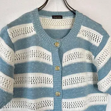 빈티지 일본제 반팔 니트 가디건 골드 버튼 보더 시스루 편직 스카이블루