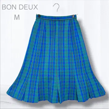 본듀 밑단 플레어 스커트 M 청록색 체크 플리츠 가공 M