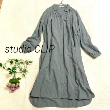 스튜디오 클립 셔츠 원피스 맥시 길이 그린 내추럴 계열 린넨 혼방