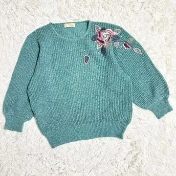 빈티지 [M] 꽃 빅 자수 펄 긴팔 니트 스웨터 구제 의류 가을/겨울