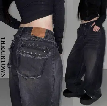 [새상품급] THEAIRTOWN 스터드 빈티지 프린지 데님 팬츠