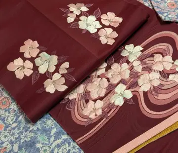 나고야 오비 적자색 꽃무늬 자수 와인 컬러 빈티지