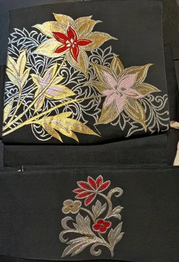 나고야 오비 꽃무늬 자수 블랙 만들기 오비 빈티지