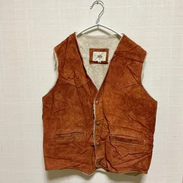 70s 빈티지 멕시코제 보아 안감 스웨이드 가죽 베스트 천연 가죽 브라운
