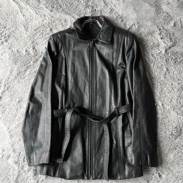 OUTBROOK 가죽 자켓 하프 코트 집업 벨트 M 블랙