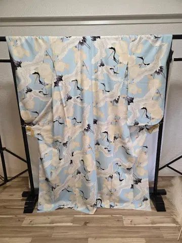 일본풍관 스카이블루 학 무늬 2척 소매 폴리에스테르 원단