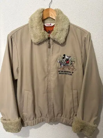 Disney 미키 자수 퍼 옷깃 자켓 베이지 여성용 구제 의류