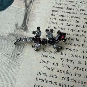 빈티지 도마뱀 브로치 큐빅 보라색 x 클리어 럭키 모티브