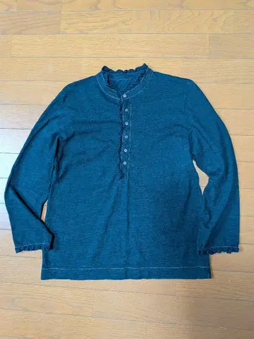 45R 45rpm 프릴 천축의 사각 헨리넥 T셔츠 (인디고)