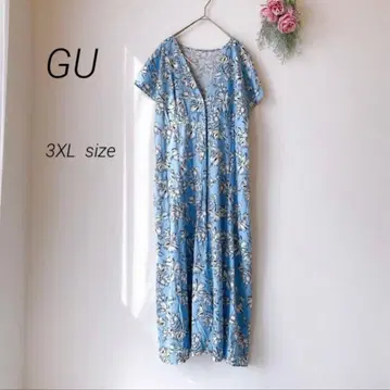 GU 지유/반팔 롱 원피스 라이트 블루 스카이블루 꽃무늬 (3XL)