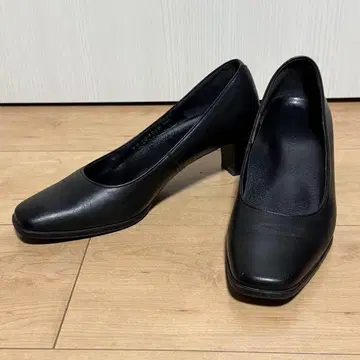 REGAL 스퀘어토 블랙 가죽 펌프스 중간 힐 포멀